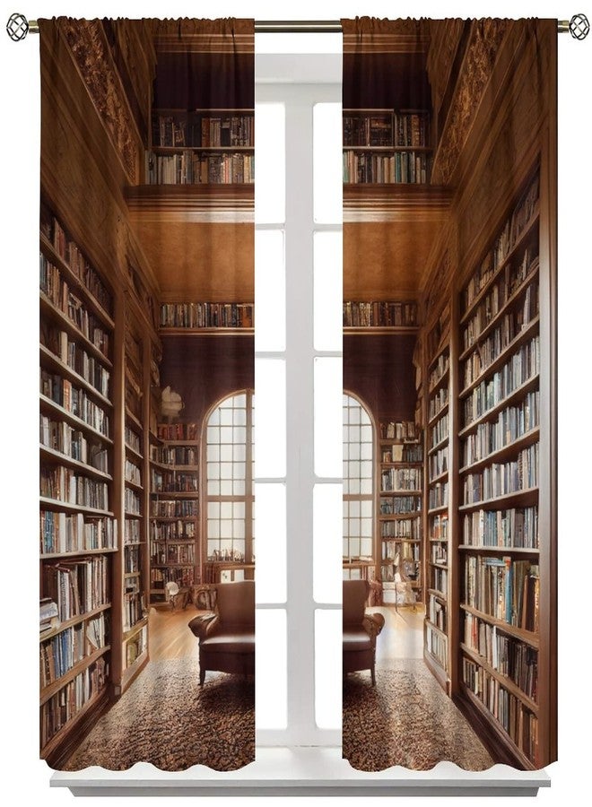YCness Bookshelf Curtains, Vintage Library with Books Window Treatments for Kids Bedroom, Wooden Wooden Antique Bookcase Drapes 2 Panel Sets,42x45 Inch - Image 3